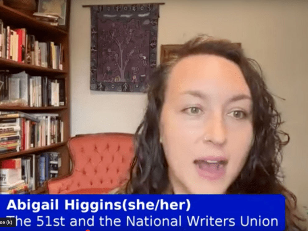 Screenshot of Abigail Higgins, co-founder of the 51st and vice president of the National Writers Union.