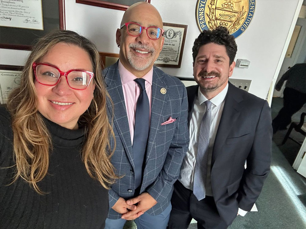 ree Press Action’s Vanessa Maria Graber (l) and Mike Rispoli (r) with State Rep. Chris Rabb in Harrisburg on the day of the vote.